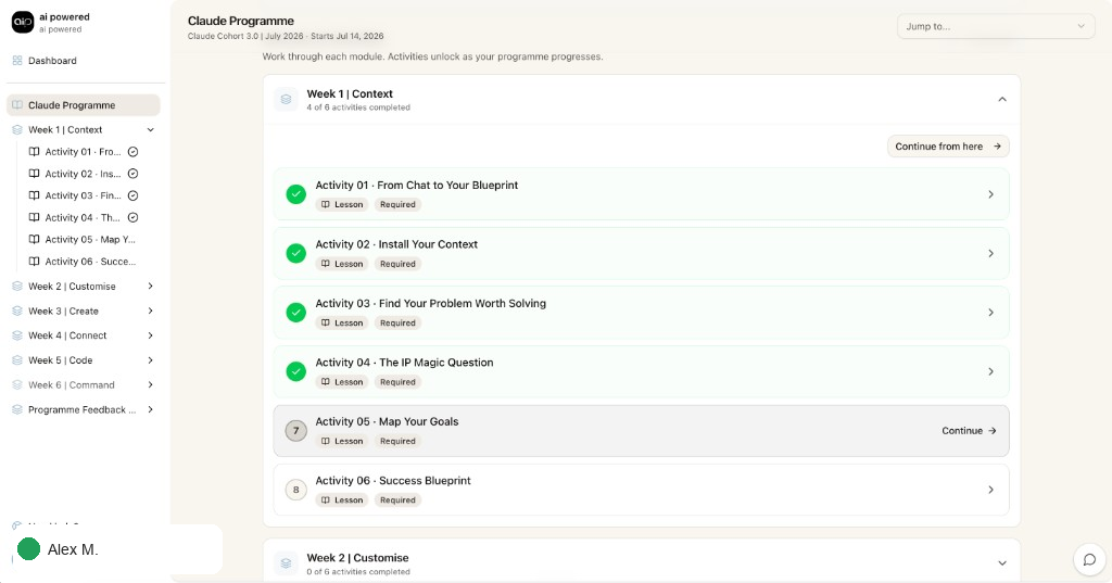 Claude Programme workspace showing Week 1 Context activities and progress