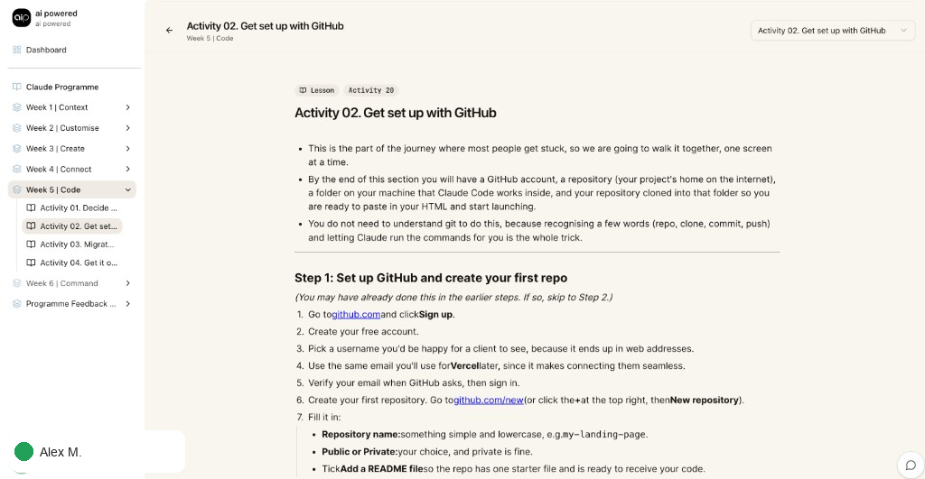 Inside a guided Claude activity lesson with setup steps